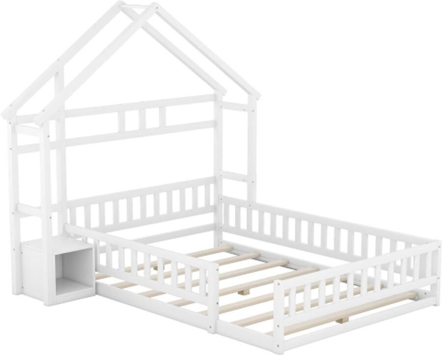 Kinderbed 140 x 190 cm vlakke bedden huisbedden met spijlen kinderbedden met nachtkastjes zonder matras wit