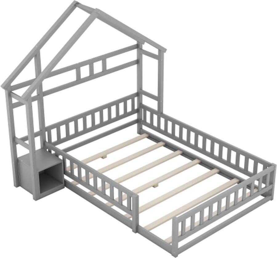 Kinderbed 140 x 190 cm vlakke bedden huisbedden met spijlen kinderbedden met nachtkastjes zonder matras grijs