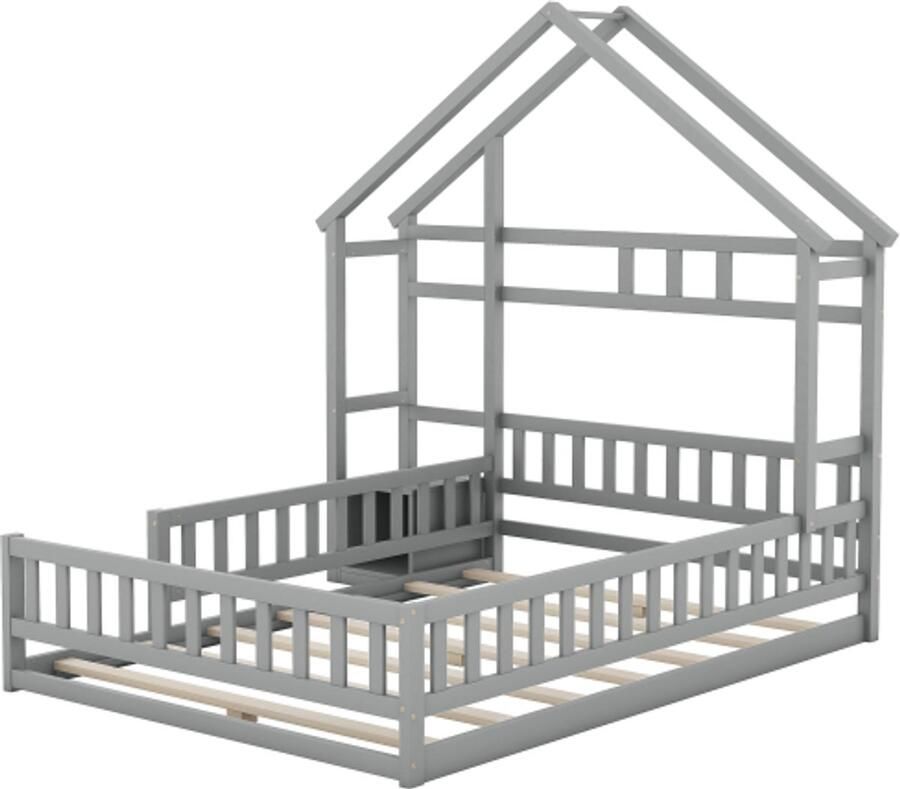 Kinderbed 140x190cm Zonder Matras Grijs Huisbed Met Reling Met Nachtkastje Massiefhout Voor Kinderkamer