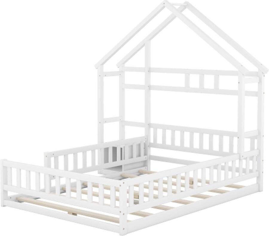 Kinderbed 140x190cm Zonder Matras Wit Huisbed Met Reling Met Nachtkastje Massiefhout Voor Kinderkamer