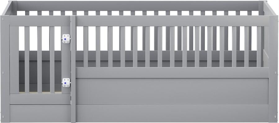 Kinderbed 140x200cm Zonder Matras Eenpersoonsbed Jongens Meisjes Bed Vloerbed Grijs Hout Multifunctioneel Met Veiligheidshek en Deur Geschikt voor Kinderkamer