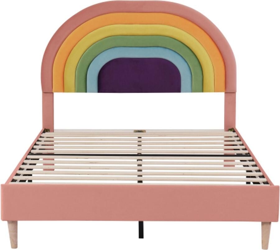 Kinderbed 140x200cm Zonder Matras Gestoffeerd Bed Roze Fluweel Verstelbaar Hoofddeel Lattenbodem Houten Latten Ondersteuning Geschikt Voor Slaapkamer En Logeerkamer