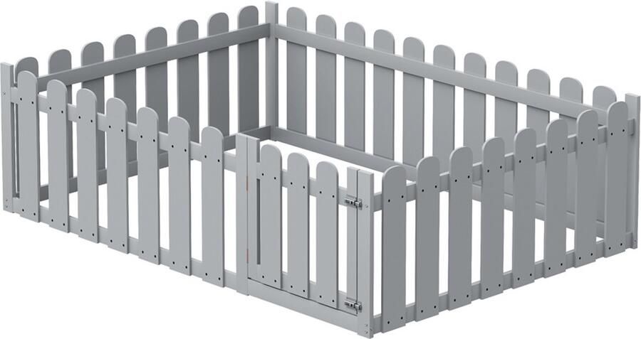 Kinderbed 140x200cm zonder matras met hoge veiligheidshekken en leuk veiligheidsdeurtje stevig houten frame afgeronde bovenkant van het hek voor extra veiligheid bed met frame tot aan de vloer grijs