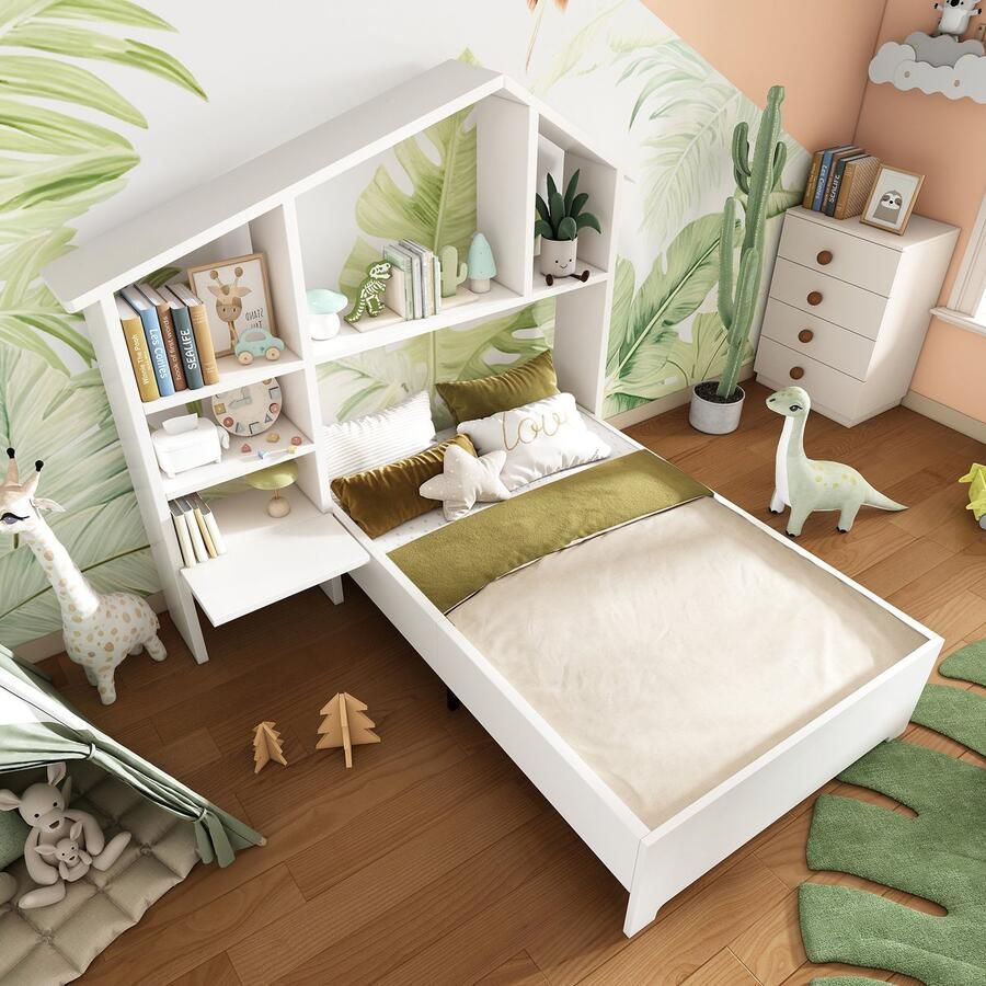 Kinderbed 90 x 200 cm houten bed met boekenplanken opbergruimte en lattenbodem eenpersoonsbed voor kinderen zonder matras wit