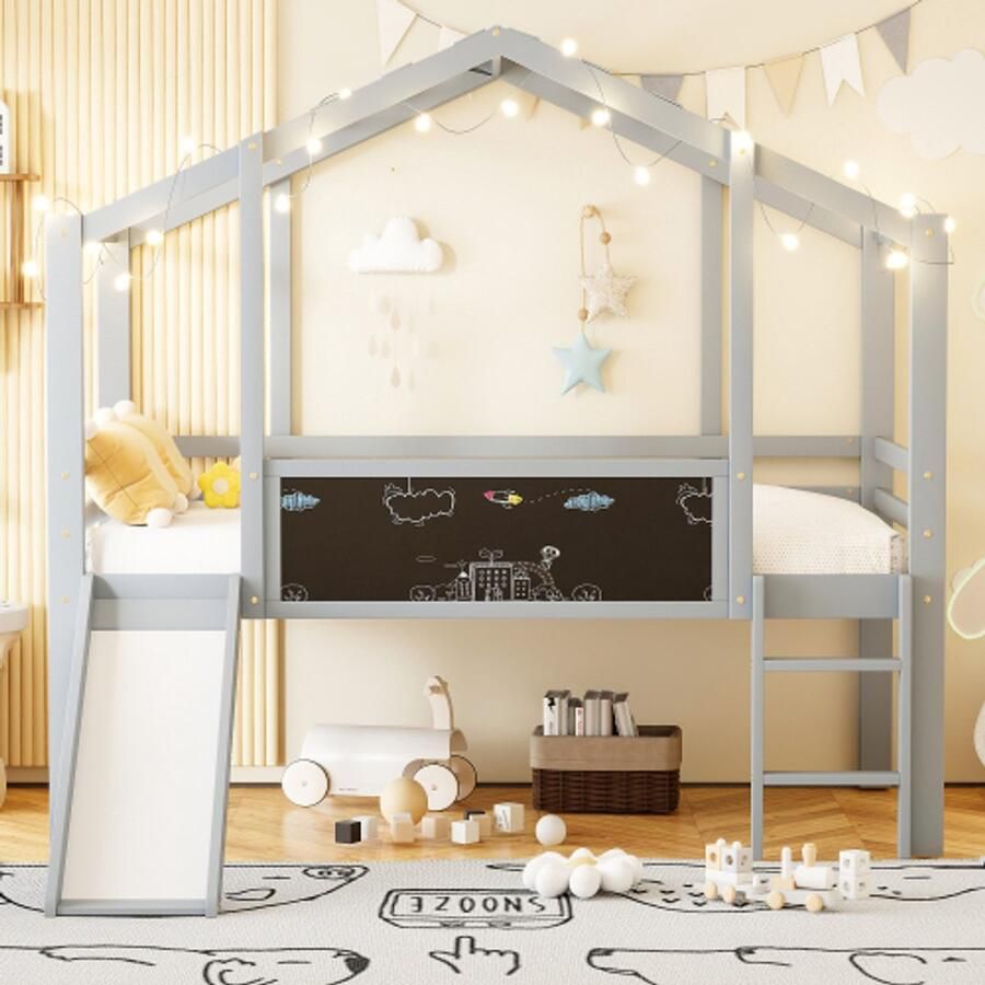 Kinderbed 90 x 200 cm in zolderstijl met veiligheidsladder en glijbaan multifunctioneel massief houten hoogslaper met krijtbord – Grijs