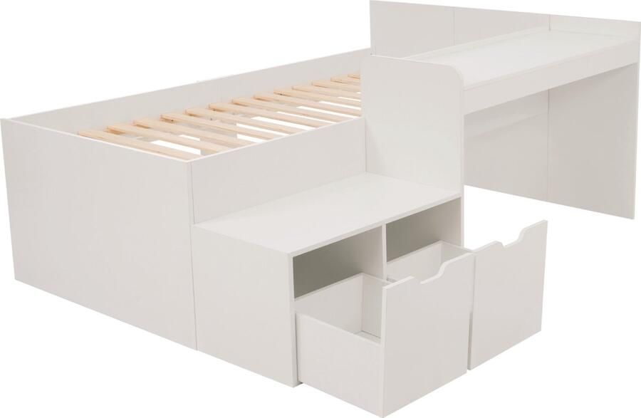 Kinderbed 90 x 200 cm massief houten eenpersoonsbed met bureau en lades wit opbergbed met lattenbodem geschikt voor jongens en meisjes (matras niet inbegrepen)