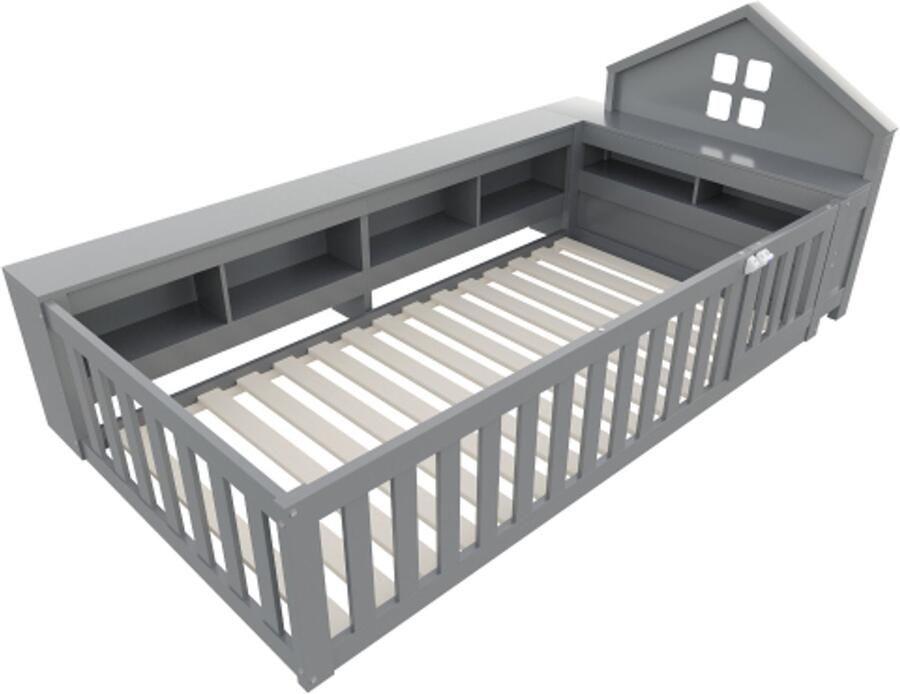 Kinderbed 90 x 200 cm met dakrail en raam met opbergvak met veiligheidshekje en deur rondom bescherming met lattenbodem eenpersoonsbed grijs