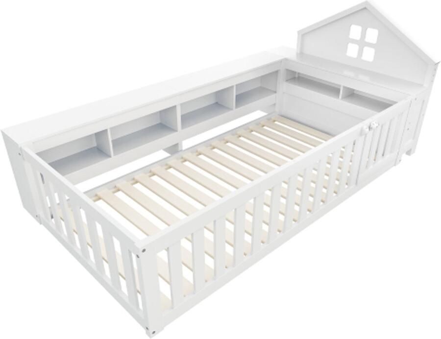 Kinderbed 90 x 200 cm met dakrail en raam met opbergvak met veiligheidshekje en deur rondom bescherming met lattenbodem eenpersoonsbed wit