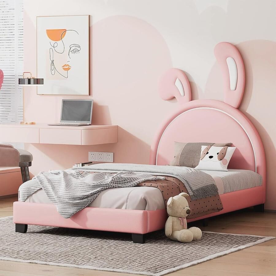 Schattig Kinderbed met Hazenoren Gestoffeerd Bed 90 x 200 cm van Massief Hout