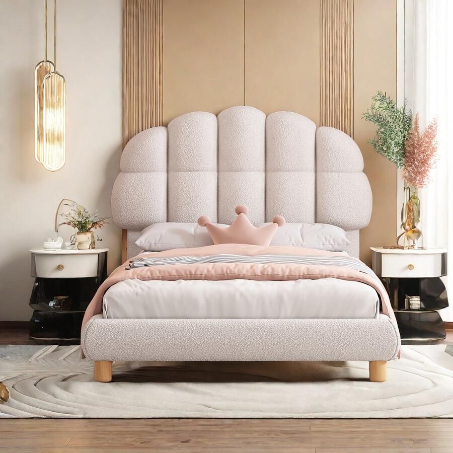 Kinderbed 90 x 200 cm met in hoogte verstelbaar hoofdeinde en lattenbodem jeugdbed eenpersoonsbed voor jongens en meisjes houten lattenbodem rond fleece zonder matras wit