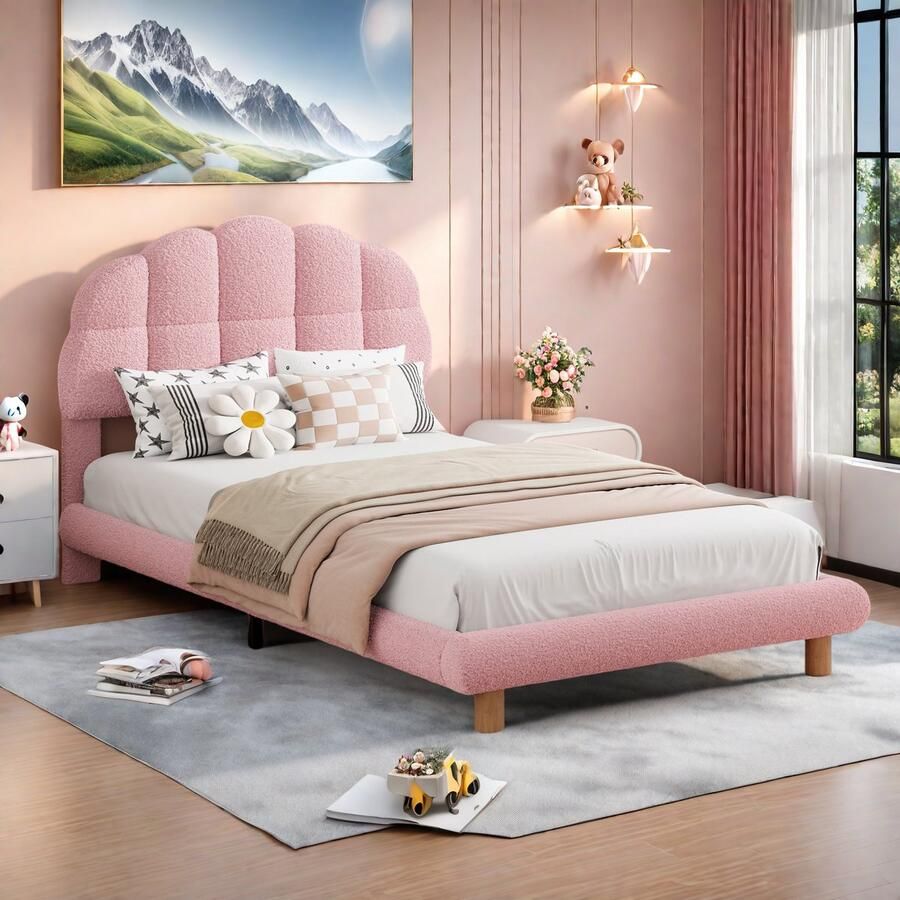 Kinderbed 90 x 200 cm met in hoogte verstelbaar hoofdeinde en lattenbodem jeugdbed eenpersoonsbed voor jongens en meisjes houten lattenbodem rond fleece zonder matras roze