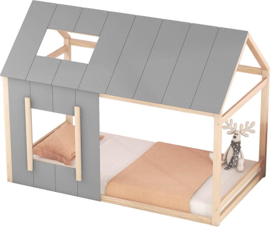 Zonder merk Gotagee Huisbed 90x200cm Kinderbed (zonder matras) Natuur Grijs Laadbak met dak en raam - Foto 2
