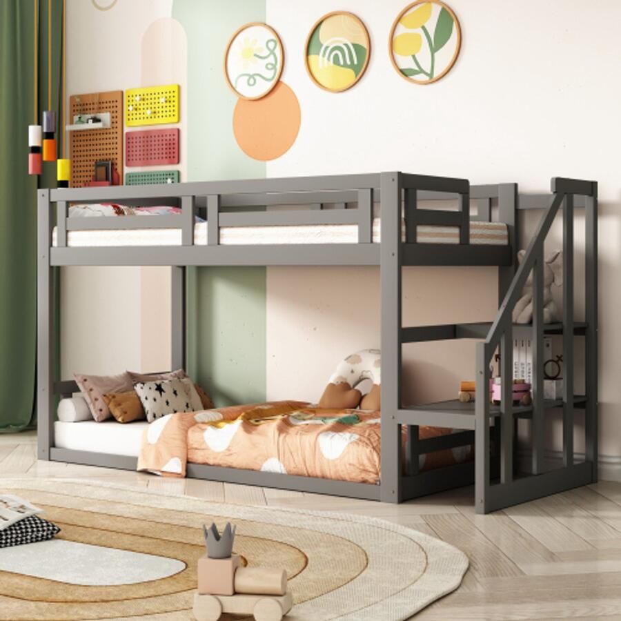 Merlooks Kinderbed 90*200cm laag stapelbed met veiligheidstrappen massief houten stapelbedframe met lattenbodem grijs