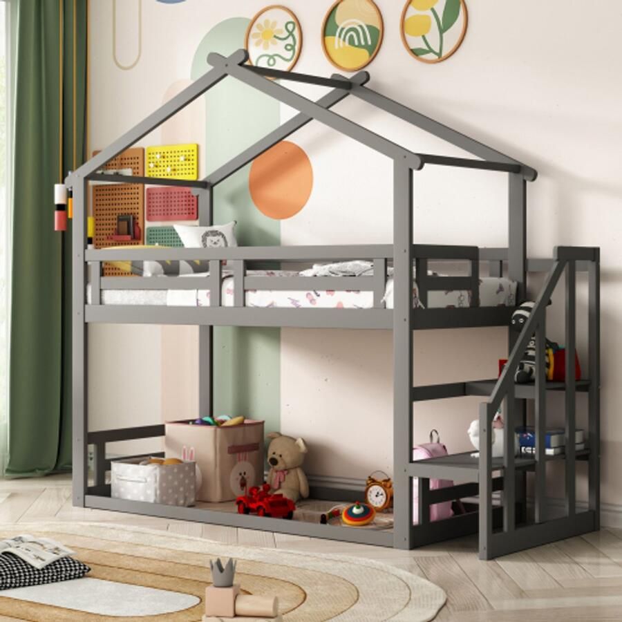 Merlooks Kinderbed 90*200cm laag stapelbed met veiligheidstrappen massief houten stapelbedframe met lattenbodem grijs
