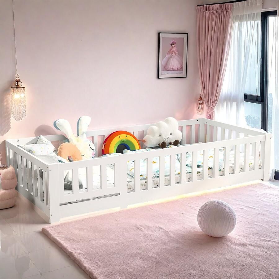 Kinderbed 90x200 cm – Houten Bodembed met Valbeveiliging en Deur Speelbed Wit