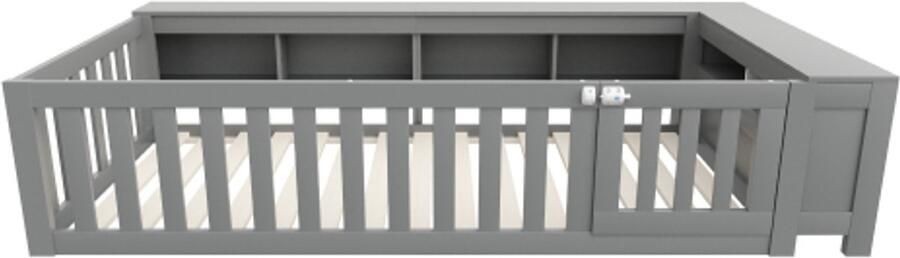 Kinderbed 90x200 Zonder Matras Eenpersoonsbed Grijs Hout Met Lattenbodem Met Opbergruimte Met Veiligheidshek En Deur Rondom Veiligheid Geschikt Voor Kinderkamer