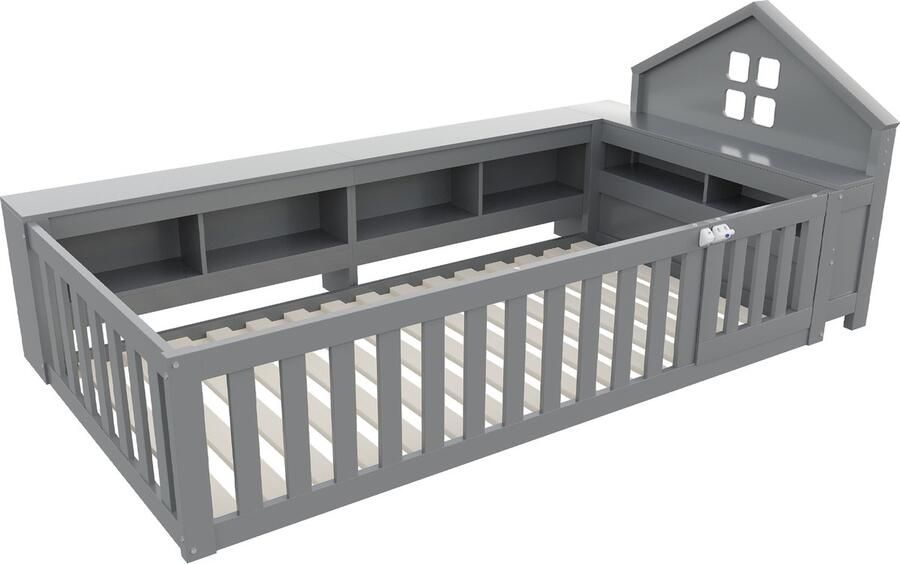 Kinderbed 90x200 Zonder Matras Eenpersoonsbed Huisbed Grijs Hout Met Dak En Raam Met Opbergruimte Met Uitvalhekje En Deur Met Lattenbodem Geschikt Voor Kinderen