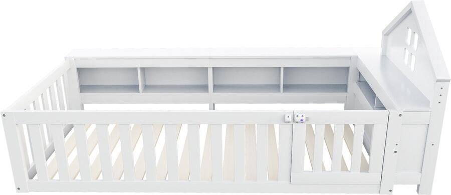 Kinderbed 90x200 Zonder Matras Eenpersoonsbed Huisbed Wit Hout Met Dak En Raam Met Opbergruimte Met Uitvalhekje En Deur Met Lattenbodem Geschikt Voor Kinderen