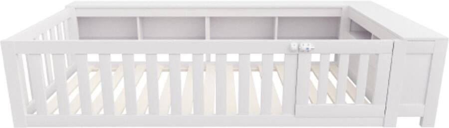 Kinderbed 90x200 Zonder Matras Eenpersoonsbed Wit Hout Met Lattenbodem Met Opbergruimte Met Veiligheidshek En Deur Rondom Veiligheid Geschikt Voor Kinderkamer