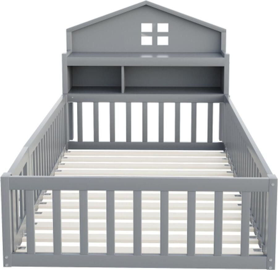 Kinderbed 90x200 Zonder Matras Huisbed Grijs Hout Met Dak Met Planken En Opbergruimte Met Veiligheidshek En Deur Met Fotolijst Met Lattenbodem Geschikt Voor Kinderkamer