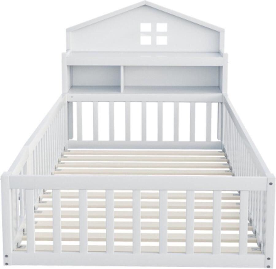 Kinderbed 90x200 Zonder Matras Huisbed Wit Hout Met Dak Met Planken En Opbergruimte Met Veiligheidshek En Deur Met Fotolijst Met Lattenbodem Geschikt Voor Kinderkamer