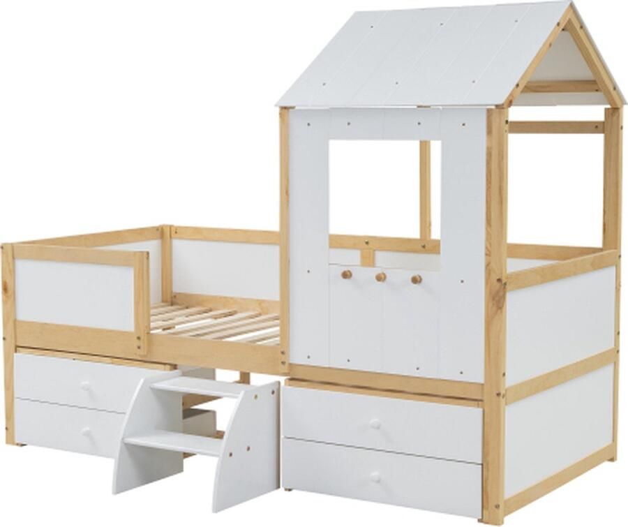 Zonder merk Gotagee Kinderbed 90x200cm Halfhoog huisbed zonder matras Wit+Natuur Grenenhout met dak en venster vierzijdige hek met 4 lades en kleine trap