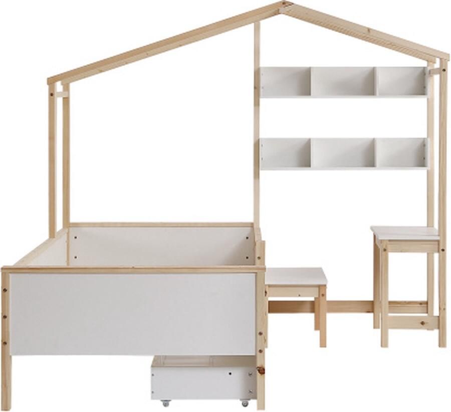 Zonder merk Gotagee Kinderbed 90x200cm Huisbed zonder matras Wit+Natuur Grenenhout met lades en planken met tafel en kruk massief hout L-structuur