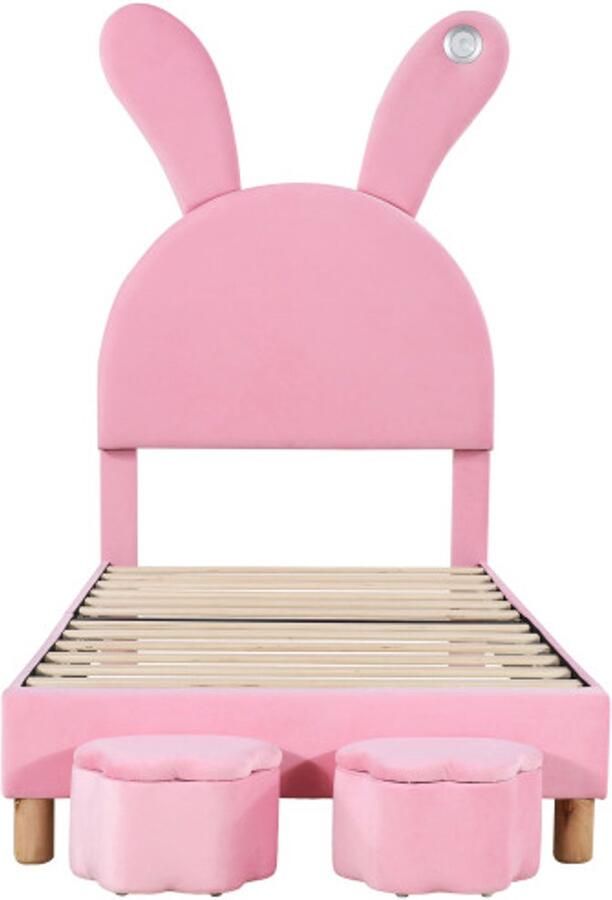 Kinderbed 90x200cm Zonder Matras Eenpersoonsbed Gestoffeerd Bed Roze Fluweel Met Verstelbaar Hoofdeinde LED Nachtverlichting Inclusief 2 Opbergkrukken Uitklapbare Konijnenoren Met Lattenbodem Jeugd Bed