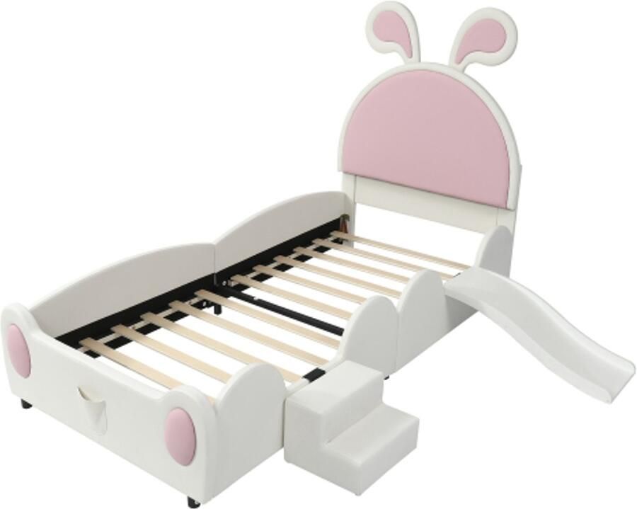 Kinderbed 90x200cm Zonder Matras Gestoffeerd Bed Met Trap En Glijbaan Konijnenoren Hoofdbord PU Wit Roze Voor Meisjeskamer