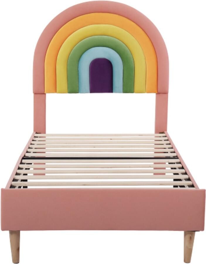 Kinderbed 90x200cm Zonder Matras Gestoffeerd Bed Roze Fluweel Verstelbaar Hoofddeel Lattenbodem Houten Latten Ondersteuning Geschikt Voor Slaapkamer En Logeerkamer