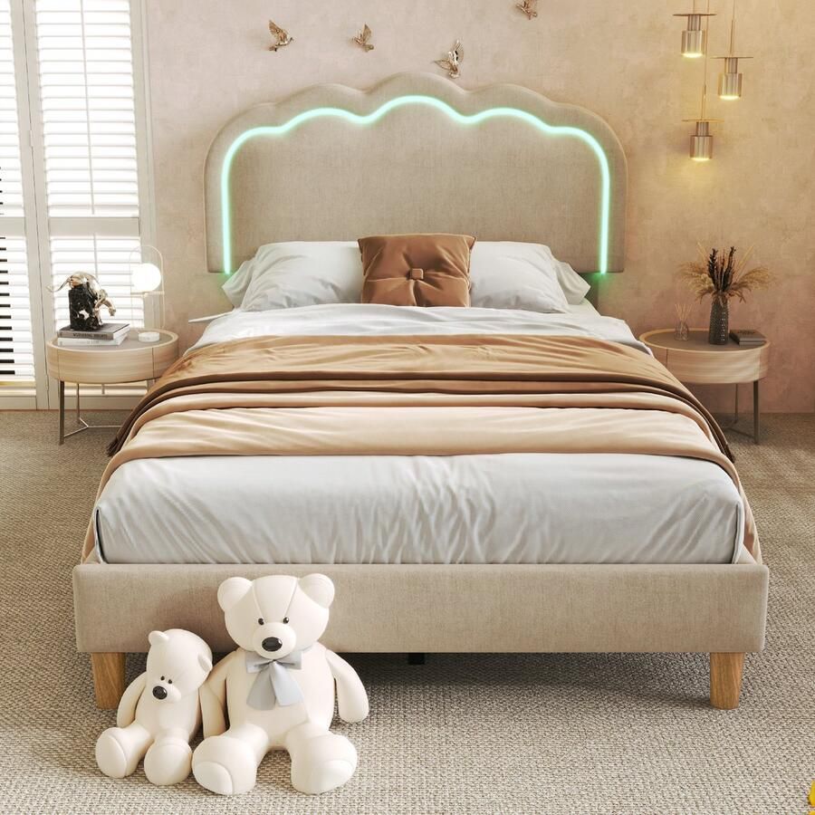 Kinderbed Bedframe 90x190 cm met lattenbodem eenpersoonsbed met verstelbaar hoofdbord in linnen beige (Matras niet inbegrepen)