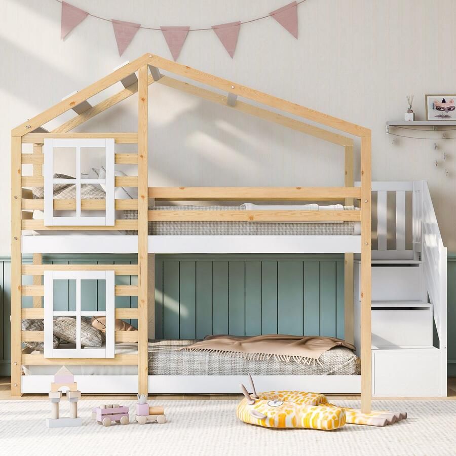 Kinderbed Boomhut 90x200 cm Etagebed voor Kinderen in Raamstijl met Opbergruimte en Valbeveiliging Natuur & Wit inclusief Bord-2x Lattenbodem (Zonder Matras)