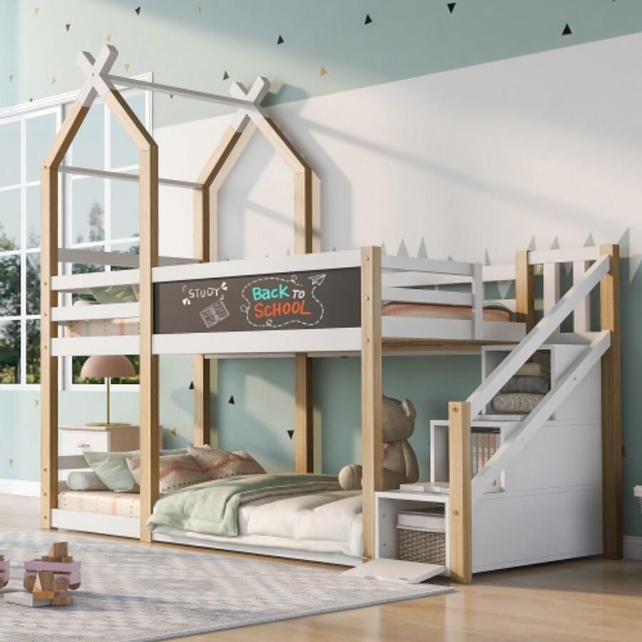 Kinderbed boomhut inclusief logeerbed met opbergruimte en valbeveiliging 90 x 200 cm hoogslaper voor kinderen 2x lattenbodem (zonder matras)