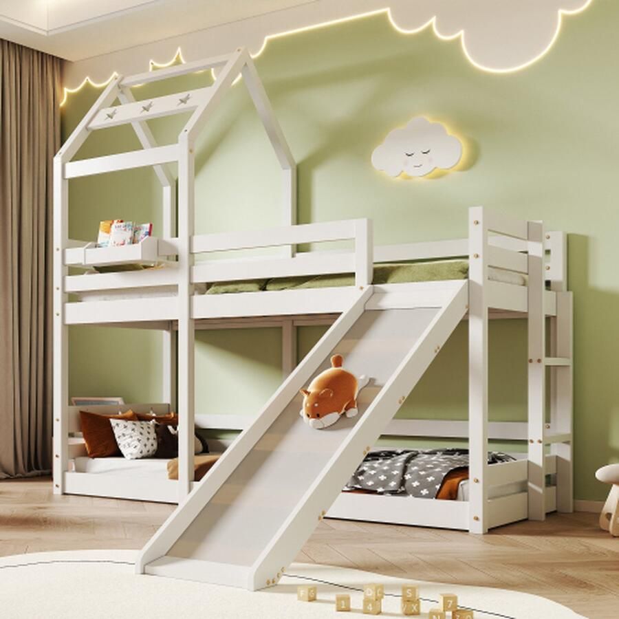 Kinderbed boomhut met glijbaan en ladder 90 x 200 cm hoogslaper voor kinderen 2x lattenbodem wit