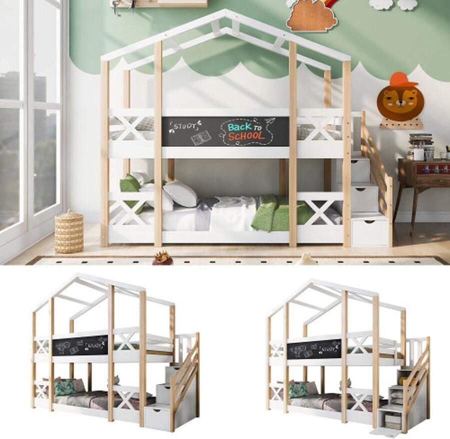 Kinderbed boomhut met opbergruimte en valbeveiliging 90 x 200 cm hoogslaper voor kinderen 2x lattenbodem