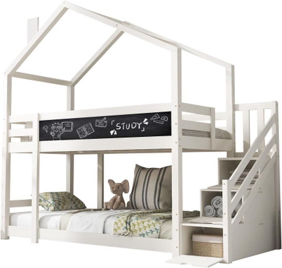 Kinderbed boomhut met schoorsteen & opberger en valbeveiliging 90 x 200 cm hoogslaper voor kinderen inclusief plank 2x lattenbodem wit (zonder matras)