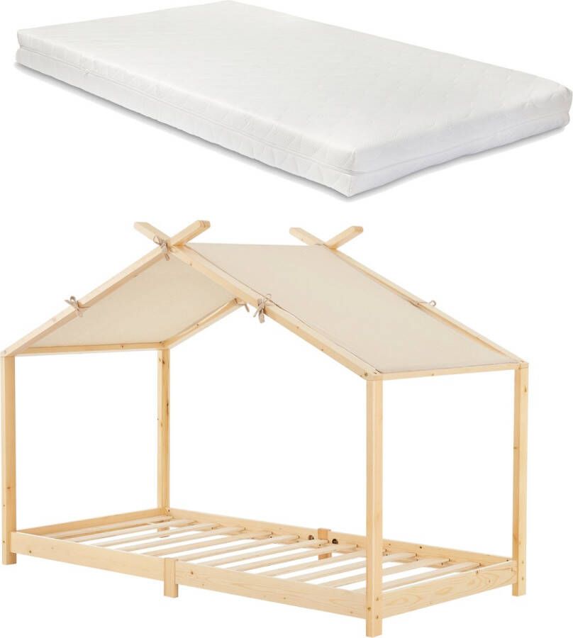 Kinderbed Brome huisbed met matras 90x200 cm houtkleurig en beige