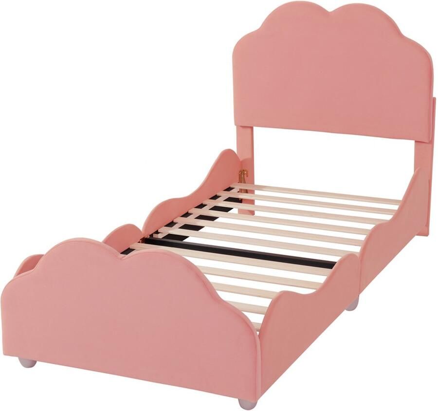 Kinderbed Eenpersoonsbed Gestoffeerd bed 90x200cm Zonder matras Met hoog hoofdeinde en voeteneinde Speciaal wolkvormig ontwerp roze