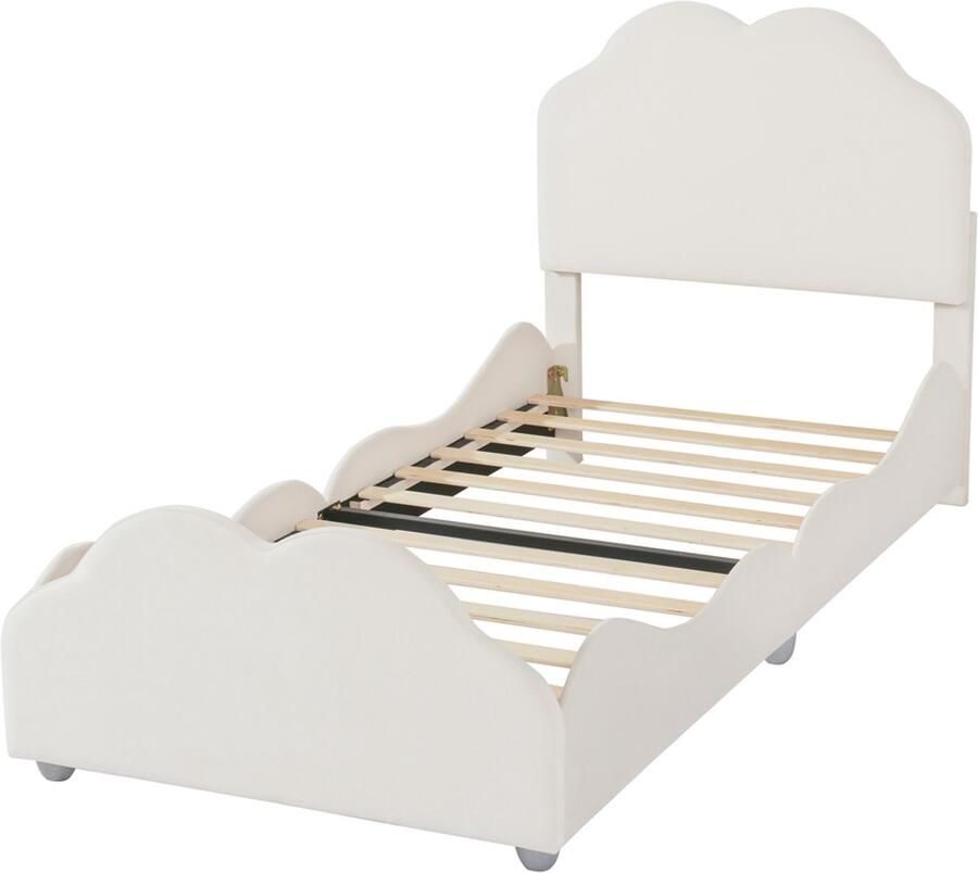 Kinderbed Eenpersoonsbed Gestoffeerd bed 90x200cm Zonder matras Met hoog hoofdeinde en voeteneinde Speciaal wolkvormig ontwerp Beige
