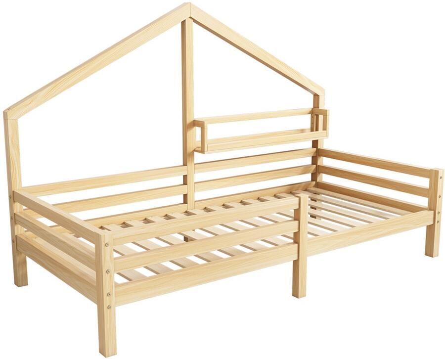 Kinderbed Eenpersoonsbed Huisbed 90x200cm Zonder matras Met opbergrek en veiligheidshek Huisvorm vrij te decoreren Stevig houten frame Houtkleur