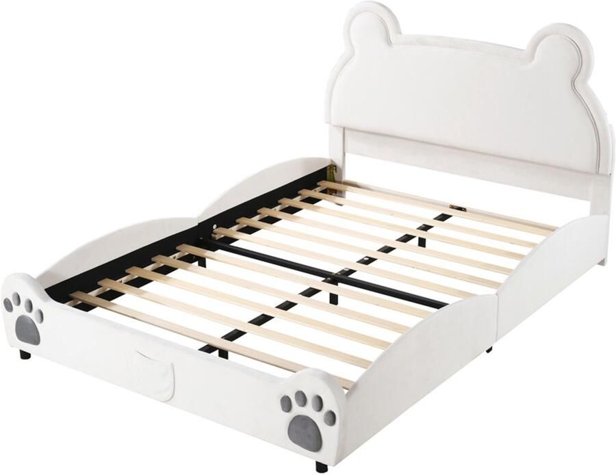 Kinderbed gestoffeerd 140x200cm zonder matras cartoonbeer ontwerp huidvriendelijk zacht fluweel stevig frame beige