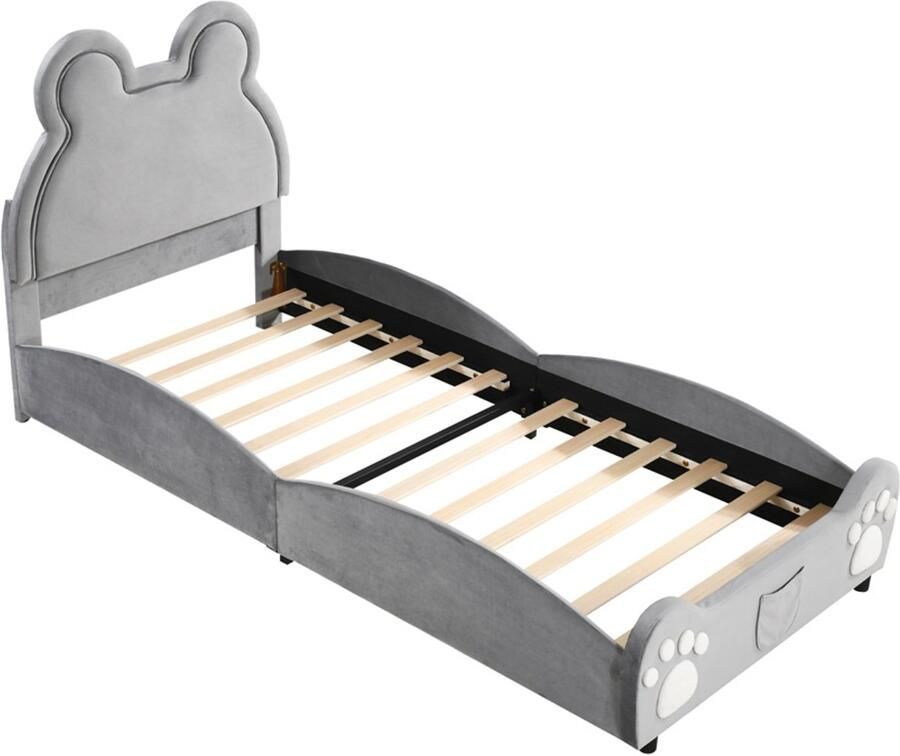 Kinderbed gestoffeerd 90x200cm zonder matras cartoonbeer ontwerp huidvriendelijk zacht fluweel stevig frame Grijs