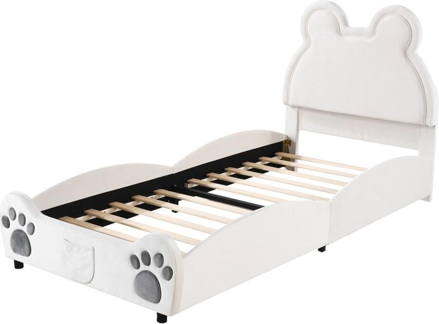 Kinderbed gestoffeerd 90x200cm zonder matras cartoonbeer ontwerp huidvriendelijk zacht fluweel stevig frame beige