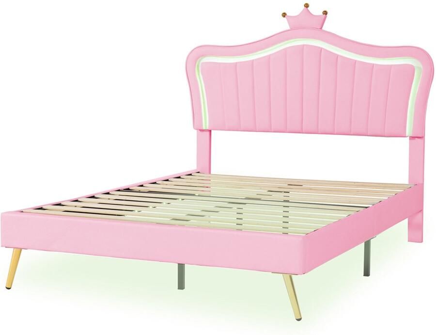 Kinderbed gestoffeerd bed 140x200cm zonder matras met verstelbare LED-verlichting hoofdbord in speciale kroonvorm verstelbare hoogte roze