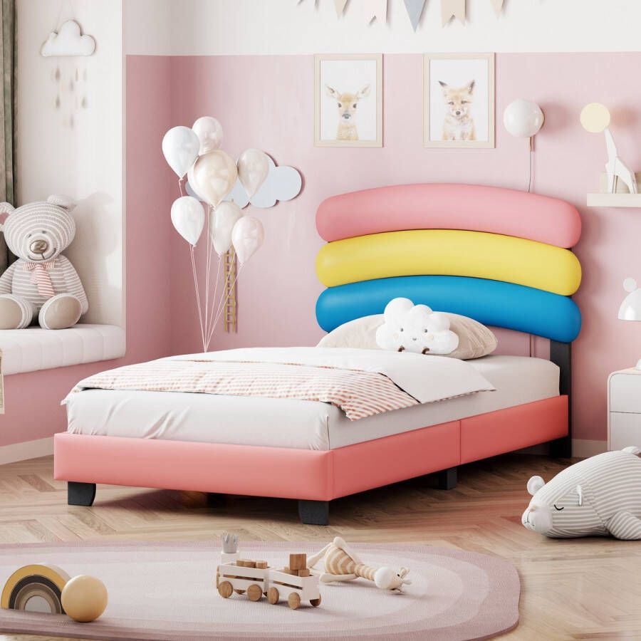 Kinderbed gestoffeerd bed 90*200cm met lattenbodem regenboogvorm PU leer roze (matras niet inbegrepen)