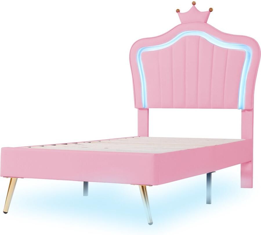 Kinderbed gestoffeerd bed 90x200cm zonder matras met verstelbare LED-verlichting hoofdbord in speciale kroonvorm verstelbare hoogte roze