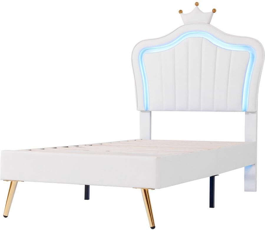 Kinderbed gestoffeerd bed 90x200cm zonder matras met verstelbare LED-verlichting hoofdbord in speciale kroonvorm verstelbare hoogte Beige