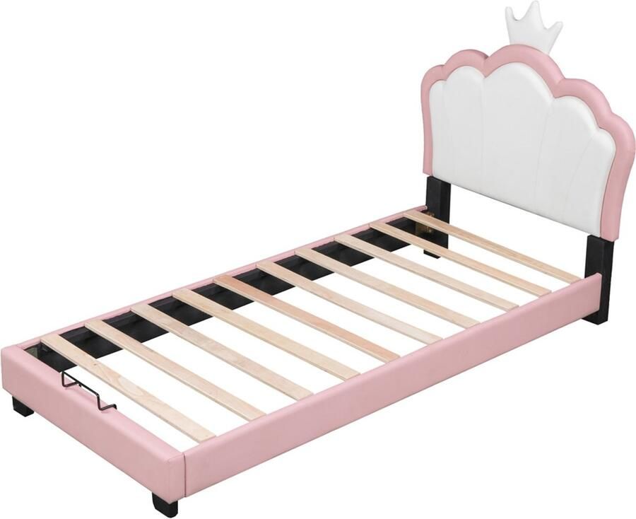 Kinderbed Gestoffeerd bed Eenpersoonsbed 90x200cm Zonder matras Bijzonder ontworpen kroonvormig hoofdbord Stevig houten bedframe Geschikt voor kinderkamer Roze