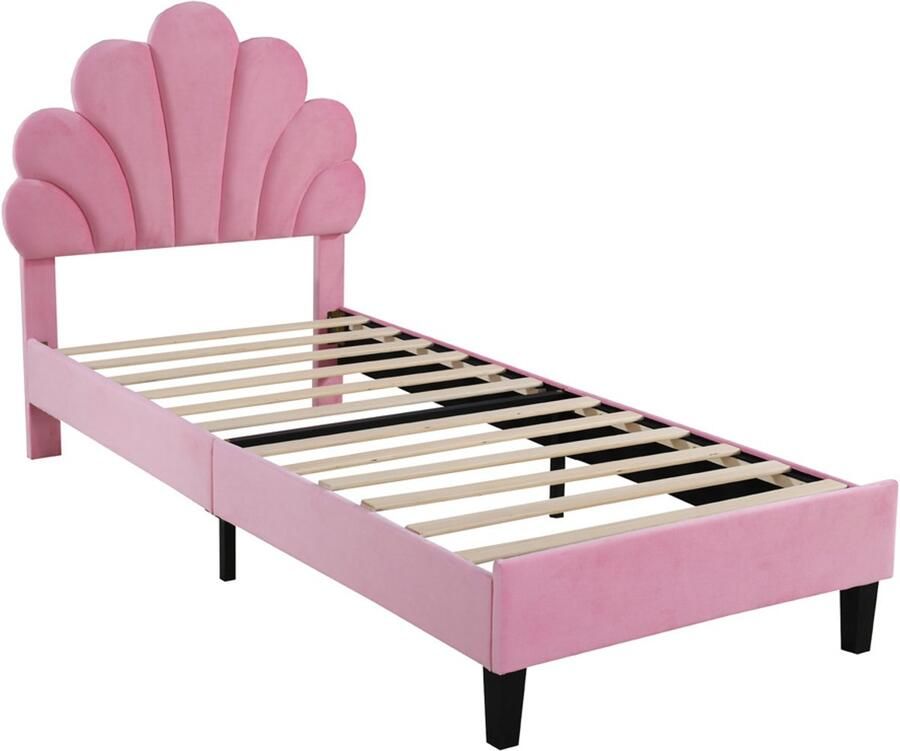 Kinderbed Gestoffeerd bed Eenpersoonsbed 90x200cm Zonder matras Hoofdeinde met speciaal bloemenontwerp in hoogte verstelbaar Huidvriendelijke zachte fluwelen stof Roze