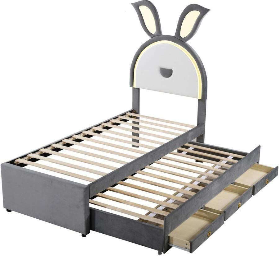 Kinderbed Gestoffeerd bed Eenpersoonsbed 90x200cm Zonder matras Met LED-verlichting met veranderende kleuren uittrekbaar bed en 3 lades Hoofdeinde met speciaal konijnenontwerp Huidvriendelijke zachte fluwelen stof Grijs